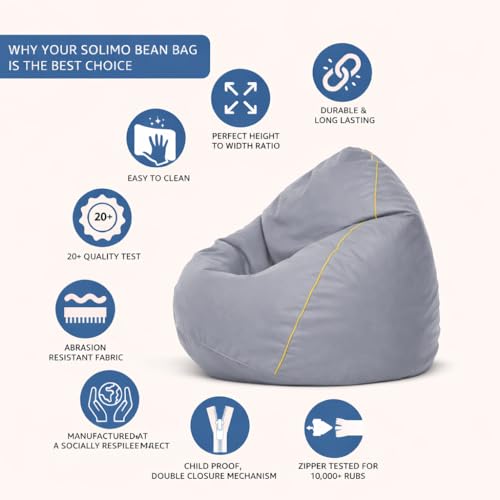 Image of Amazon Brand - Solimo 6XL Bean Bag Cover Without Beans, Faux Leather Classic Bean Bags Cover with Handle & Zipper, Bean Bag Cover for Living Room & Bedroom, 6 Months Warranty (Grey with Yellow Piping)