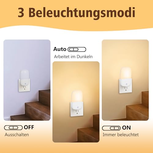 echosari Nachtlicht Steckdose mit Dämmerungssensor, 2 Stück LED Nachtlicht mit Helligkeit Dimmbare, ON/OFF/AUTO Modi, 2700K WarmWeiß Steckdosenlicht für Kinder, Treppe, Flur, Schlafzimmer, Küche