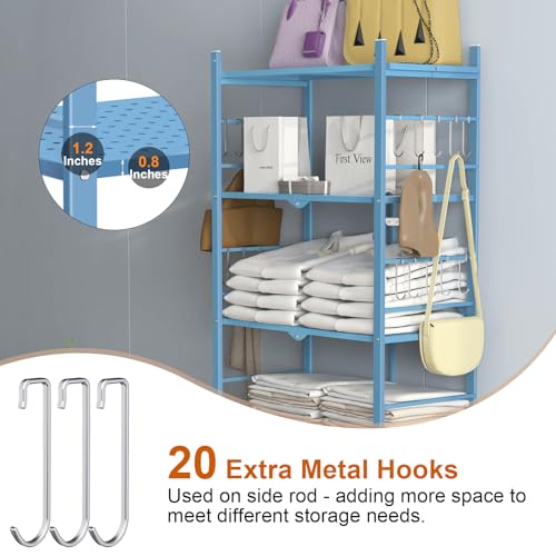 Image of Himix 5-Tier Foldable Storage Shelves with 20 Hooks Wheels Garage Blue