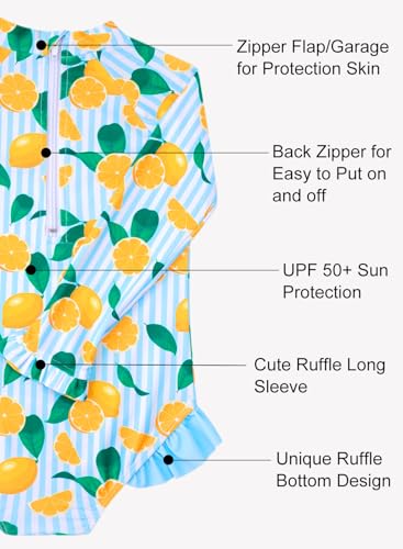 Image of Baby Toddler Girl Long Sleeve Ruffle Swimsuit One Piece Zipper Rash Guard Bathing Suit with UPF 50+ Sun Protection