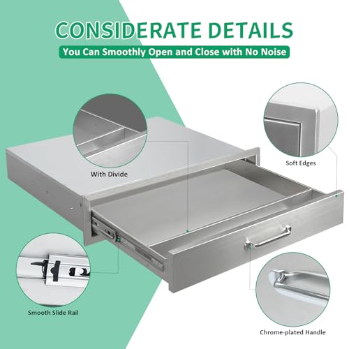 Image of Outdoor Kitchen Drawers 30 inch W x 6.5 inch H x 23 inch D Stainless Steel Single Drawers with Ergonomic Handle for BBQ Island, Patio Grill Station & Outdoor Kitchen Cabinets
