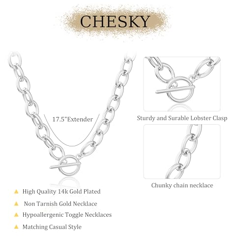 CHESKY Chunky Silver Necklace for Women, Trendy Silver Plated Chain Necklace Layered Paperclip Herringbone Cuban Link Chain Necklace Thick Toggle Necklaces Non Tarnish Womens Jewelry 6