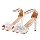 Shoudian Damen 10cm Fischmaul Stilett Knöchelriemen Sandalen Braut Hochzeitsfeier Offene Spitze Hoher Absatz Schuhe