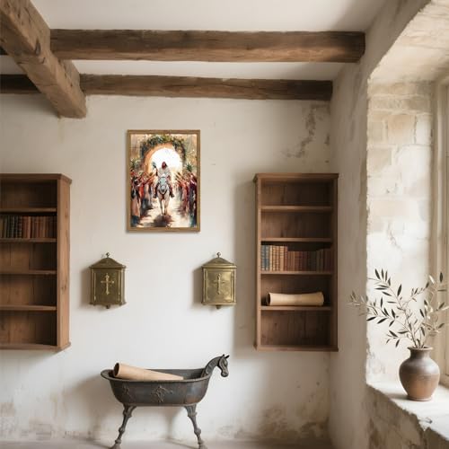 Jesus Triumph Wall Art Spiritual Jesus Palm Sunday Wall Decor Painting Christian Triumphal Religious Artwork 3D Textured Hand Drawn Sandstone for Bedroom Living Prayer Room 12x16 inch Wood Framed by WARTHZ - Used condition - Image 7