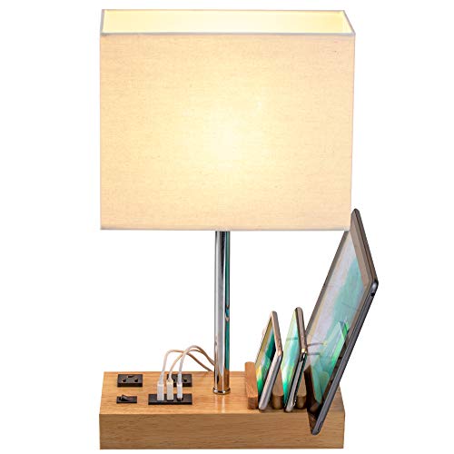 Dreamholder Desk Lamp With 3 Usb Charging Ports, 2 Ac Outlets And 3 Phone Stands, Modern Usb Table Lamp With Natural Wooden Base And Cream Linen Shade #TOP1