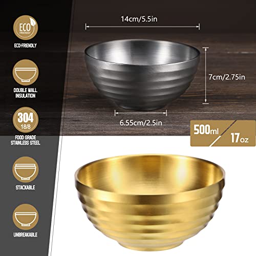 4er Edelstahl Schüsseln Doppelschicht Isolierte Nudelsuppe Schüssel Reis Schüssel Salat Schüssel Müslischalen, Schüsseln für Obst Getreide Snack Vorspeise, Geschirrspüler Sicher,14cm (Gold&Schwarz)