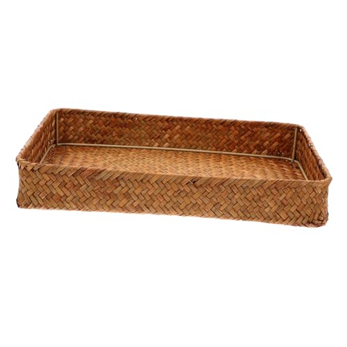 STOBAZA Braided Fruit Bowl Woven Tray Flat Basket Farmhouse Tea Tray Hand- Woven Rattan Tray Vegetables Serving Basket Wicker Tray Countertop Tray Woven Storage Bin Willow Tray Khaki Grass