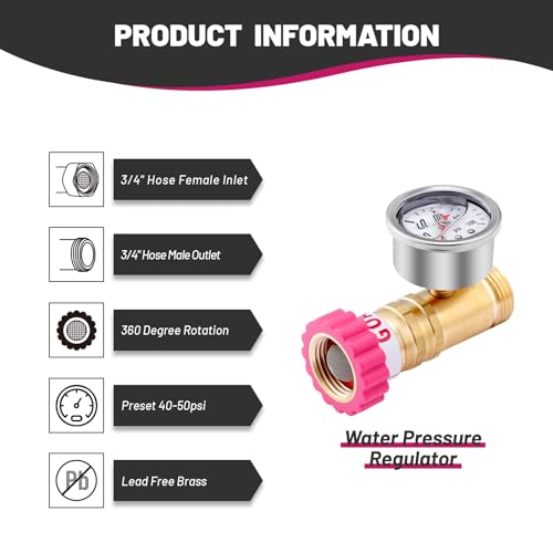 Image of Water Pressure Regulator, Lead-Free Brass Pressure Reducer, 40-50psi, 3 /4 inch Hose, with Gauge and Filter Screen, for Camper Travel Trailer RV Plumbing System