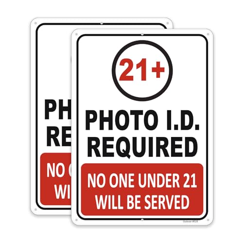 GulSoar 2-Pack Photo ID Required, No One Under 21 Will Be Served Signs 10”x 7” You Must Be 21 To Enter Signs Rust Free Aluminum Bar Alcohol Liquor Store Signs, Weatherproof, Easy to Install