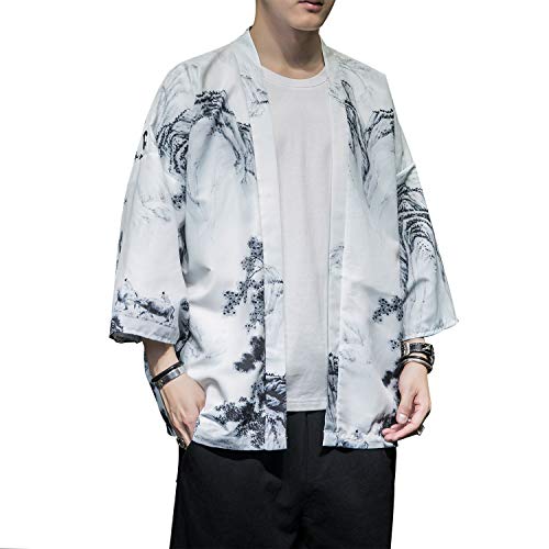 Image of Men's Japanese Kimono Robe Jacket Lightweight 3 /4 Sleeve Open Front Yukata | Silky Smooth Fashion Print Happi Coat Lightweight Breathable Loose Unisex Haori Casual Summer Cardigan Daily Beach Vacation