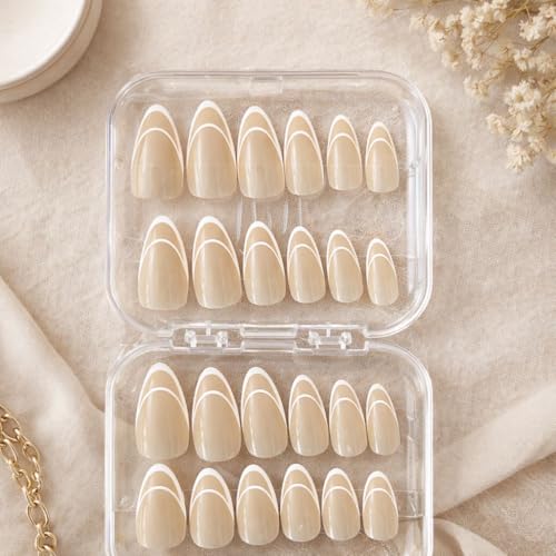 Image of Press On Nails Kit for Women 24 Pcs | Half Moon French Beige Artificial Nails | Almond Shape Glossy Reusable Fake Nails Extensions | False Nails Press On | Includes Nail Glue & Remover, Glue Tabs, Nail Filer, Cuticle Stick & Storage Case