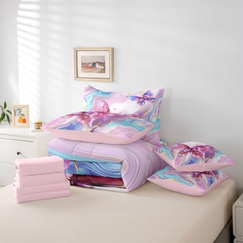 Image of Floral Marble Butterfly 7 Pieces Bedding Set Twin,Pink Blue Tie Dye Bed in a Bag,Elegant Marble Texture Bed Set Includes Comforter,Sheet Set,Pillowcases & Pillow Covers,Modern Aesthetic Bedroom Decor
