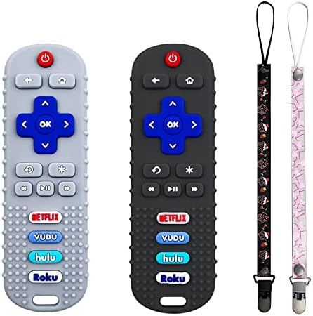 2-Pack Baby Remote Control Teether Toy for Babies 6-36 Months, Silicone Baby Teething Toys, Boys Girls Baby Teething Toys (Black + Gray)