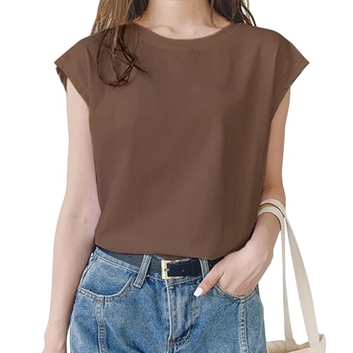 [Mmlnrc] Tシャツ レディース ノースリーブ タンクトップ クルーネック 速乾Tシャツ ゆったり 着痩せ効果 トップス 夏服 無地 フレンチスリーブ カットソー 重ね着 丸首 柔らか おしゃれ 可愛い カジュアル 通勤 デート 夏 ゆるＴ (JP, アルファベット, XL, 標準, ブラウン)の商品画像（Amazon）