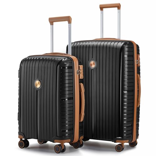 Image of Joyway Luggage Sets 2 Piece PP Hardshell Carry on Suitcase and Checked Luggage, Travel Lightweight Suitcase Set with Double Spinner Wheels and TSA Lock (Black Brown, 20+28 inch)