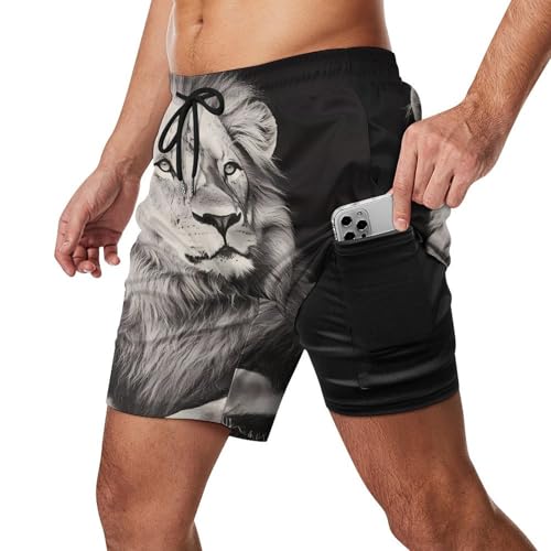 Black and White Liones Mens Swim Trunks with Quick-Drying Lining Beach Shorts for Outdoor Sports2