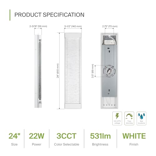 Image of ASD LED 24 inch Bubble Glass Wall Light Fixture, Outdoor & Indoor Seeded Sconce | 3CCT, Waterproof, Dimmable, Up-Down Glow, ETL Listed | 22W 530LM 3000-5000K 100-277V | Porch Lighting | White, 4 Pack