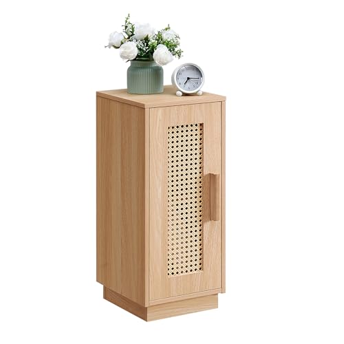 OCTTZ Rattan Nachttisch, Schmaler Nachtschrank aus Holz mit 2 Fächern...