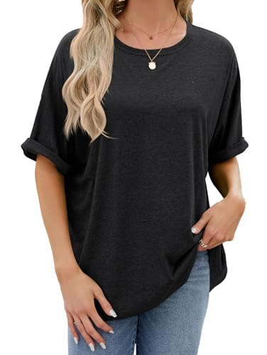 Famulily Womens Black Tshirt Oversized Summer Tops Casual Short Sleeve Loose Basic T Shirt (L, Black)