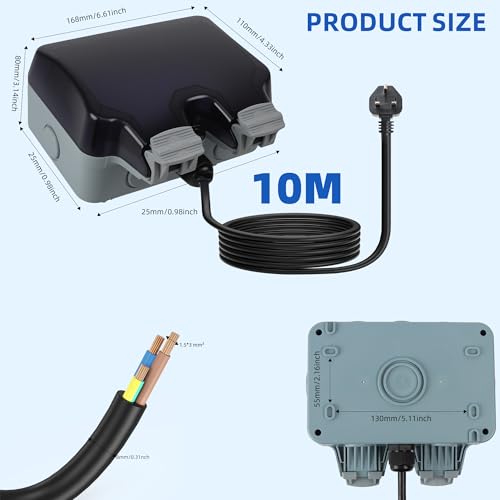 Weatherproof Outdoor Socket IP66 Waterproof Double Socket 10M Extension Lead Switched Wall Electrical Outlet 2 Gang Power Socket,Garden Outside Plug Sockets Cover Box (10M)