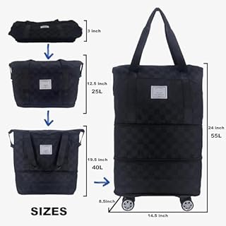 Borsa da viaggio con ruote, borsa da viaggio pieghevole di grande capacità, espandibile con ruote rimovibili, borsa Weekender da viaggio con scomparto bagnato per sport, fitness, viaggi, Nero , Borsa