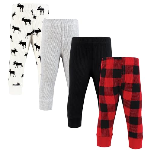 Hudson Baby Unisex Baby Thermal Tapered Ankle Pants 4pk, Buffalo Plaid Moose, Newborn