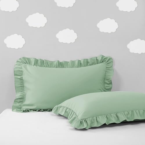 2 Pack Small Pillowcases 14x20 Inches, Light Green Kids Pillow Case Microfiber Ruffled Pillow Shams, Soft Breathable and Non Shrinking Envelope Ruffle Pillowcases