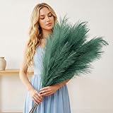 Large Green Pampas Grass Artificial For Sage Green Living Room Accessories, Tall Artifificial Plants Indoor For Tall Floor Vase, 3 x Stems Teal Feathers Teal Bedroom Accessories