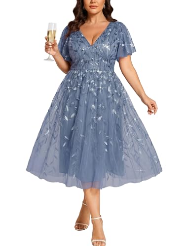 Image of Ever-Pretty Womens Embroidered Tulle Plus Size Cocktail Evening Party Dress A-Line Midi Wedding Guest Dresses for Curvy Women
