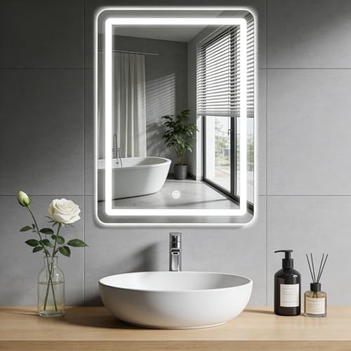 JAMUBOCHE LED Bathroom Mirror For Over Sink, 50 x 70cm Electric Vanity Mirror With Backlit Lights For Shower Shaving, Wall Mounted Dimmable 3 Color Lighting, IP54, Vertically Only