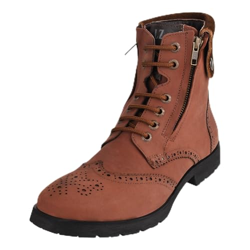Libertyzeno Ankle Boots for Men Wingtip Toe Brogue Casual Genuine Leather Lace Up Fashion Zipper Boots 1.18 Inch Heels