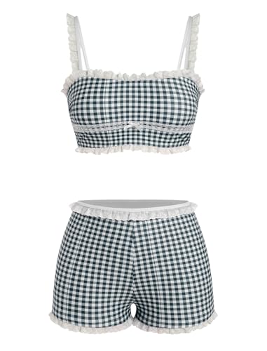 Image of ZAFUL Womens High Waisted Bikini Sets 2 Piece Plaid Ruffle Swimsuits Back Strap Top with High Waisted Shorts Bathing Suit