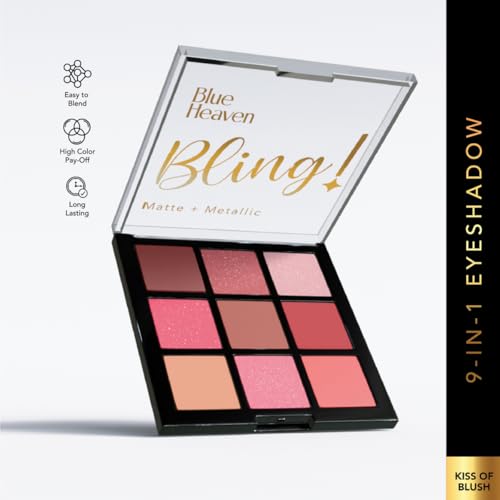Image of Blue Heaven Bling 9 in 1 Eyeshadow Palette | Highly Pigmented and Easily Blendable Eye Makeup | Matte & Metallic Shades | Long Lasting and Lightweight | Kiss of Blush, 9g
