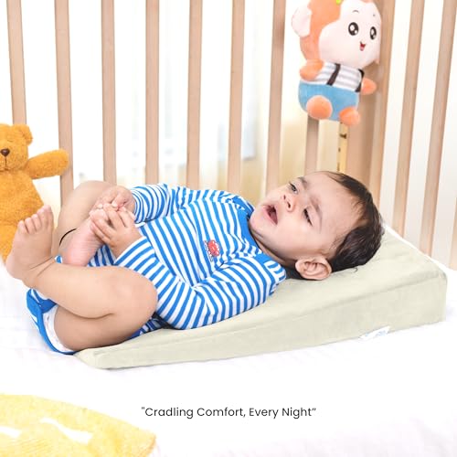 Image of Cherilo Standard Elevated Wedge Pillow for Baby Crib & Mattress, Helps to Elevate Baby for Acid Reflux, Colic, GERD, Heat Burn & Vomiting | 14 inch x 19 inch x 3.5 inch | - with Removable Velvet Cover - Cream