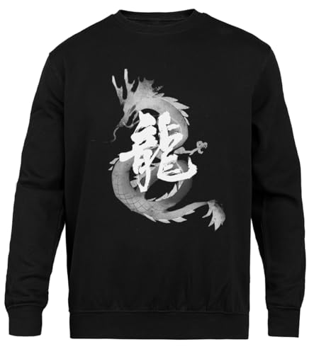 Pull dragon calligraphie chinoise en coton ras du cou noir
