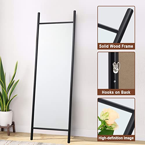 Image of NeuType 65 inch x 22 inch Full Length Mirror Large Ladder Style Mirror Solid Wood Frame Full Length Mirror for Wall, Large Bedroom Mirror, Wall Mounted or Leaning Against Wall, Black (No Stand)