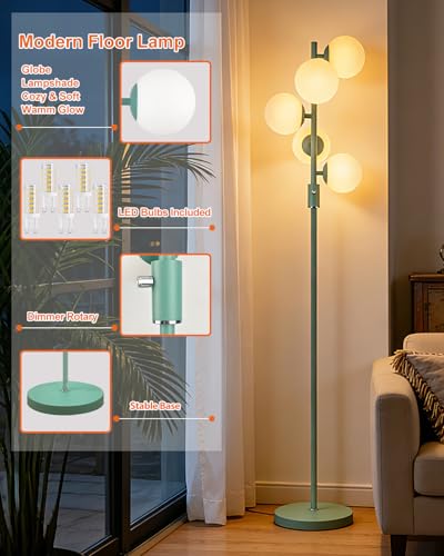 Image of Lightdot Dimmable Globe Floor Lamp Mid Century Modern Floor Lamp with 5Pcs 3000K G9 Bulbs Stepless Brightness Adjustable Green Standing Lamps with 5Lbs Heavy Base for Living Room Bedroom Office