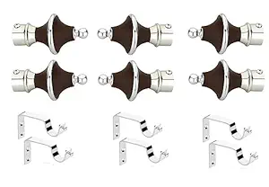 WSK Stainless Steel & ABS Curtain Bracket Parda Holder with Support 1 Inch Rod Pocket Finials Designer Door and Window Rod Support Fittings, Curtain Rod Holder (Set of 3, Brown)