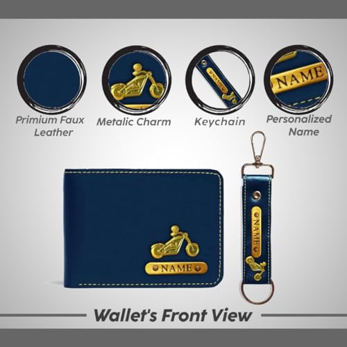 Image of Mens Leather Wallet and Keychain Combo Name Leather Wallet Keychain for Mens Personalized Wallet Keychain Set with Names Keychains for Men | Customised Gift Set for Men with Name & Charm, Blue