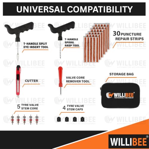 Image of WILLIBEE 8-in-1 (Pack of 30 Strips) Tubeless Tyre Puncture Repair Kit for Bike & Car | Heavy-Duty Puncher Kit (with Storage Bag)