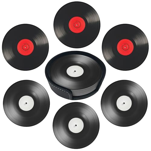 Record Coasters Leather Round Drink Coasters 6 Pcs Set with Holderor for Cup Drink Coffee Table Bar Home Decor