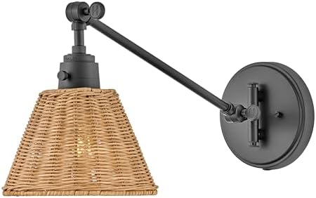 Hinkley Arti Single Light Swing Arm Wall Sconce, Adjustable, On/Off Switch, Plug-in Cord, Two Pivot Points, Modern Organic, Black with Natural Rattan Shade