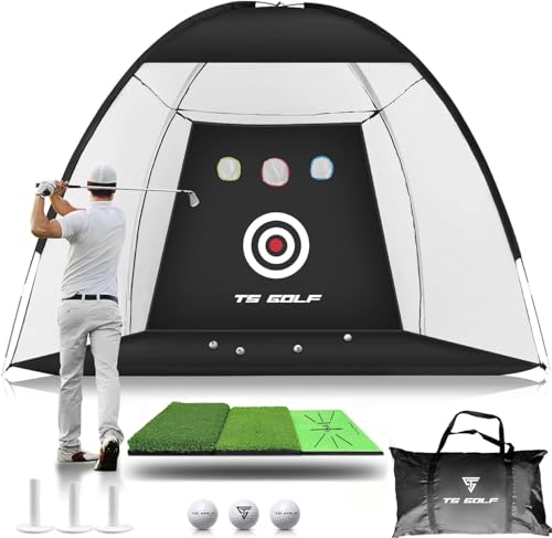 TS GOLF - Golf Practice Net - Indoor & outdoor 10x7ft - XL Tri-Turf Golf driving net and Mat, 5 Balls, 3 Rubber Tees, Carry Bag, Chipping net, golf nets for backyard driving