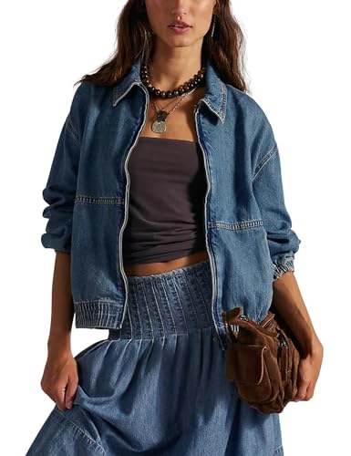 Yeokou Womens Oversized Jean Jacket Zip Up Long Sleeve Casual Denim Coats with Pockets(DarkBlue-XS)