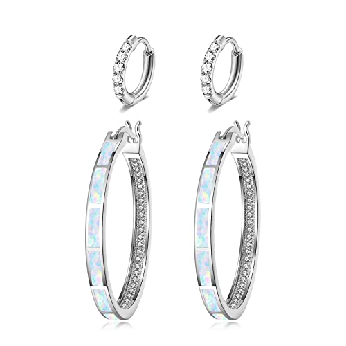 CiNily 2 Pairs Hoop Earrings Set for Women Large Opal Earrings Small Cubic Zirconia Hoops White Gold Tiny Cartilage Piercing Earrings Rhinestone Jewelry