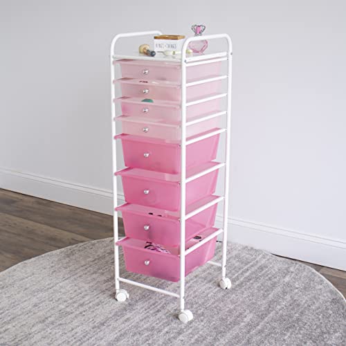 Humble Crew 8 Drawer Rolling Storage Cart with Wheels, Slim Plastic Organizer Trolley for Crafts, Office, School, Makeup & More, Metal Frame, Pink - Image 3
