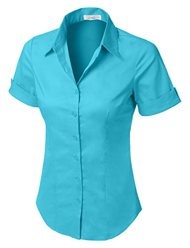 LE3NO Womens Short Sleeve Button Down Shirt With Stretch,L3nwt575a_aqua,X-Small - Thumbnail 2