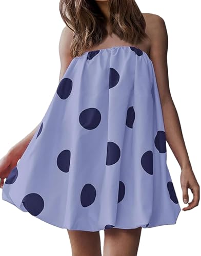 Image of Faretumiya Women Polka Dot Bubble Mini Dress Strapless Flowy Short Tube Dress Off Shoulder Y2k Balloon Dress Party Beach(