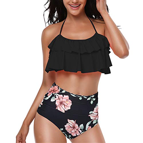 Conjunto de Bikini de Volantes Retro para Mujer Traje de baño de Dos Piezas con Cintura Alta Halter para Damas niñas-Black-M Cover