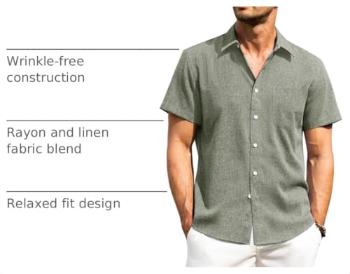 Image of Alimens & Gentle Mens Linen Shirts Short Sleeve Button Down Shirts Wrinkle Free Casual Vacation Beach Summer Tops